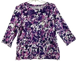 Studio Works Top Womens 1X Plum Splash Artsy Purple Abstract 3/4 Sleeve Comfort